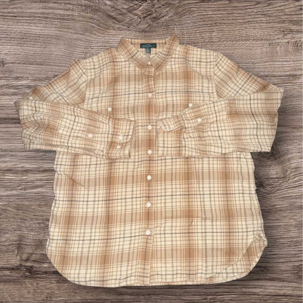 Lauren Ralph Lauren Plaid Button Down Shirt XL Tan Brown Cotton Classic